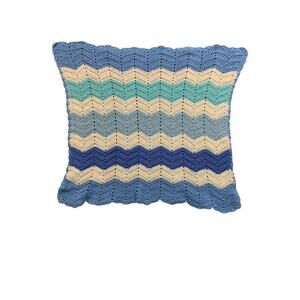 Vintage Crochet Baby Blanket Chevron Blue White 26" x 32"